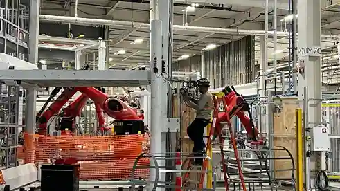 Field engineer inspecting overhead electrical wiring on industrial ladder